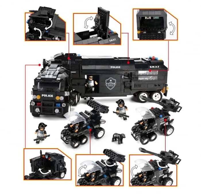 Jucarie educationala de constructie WOMA, politie, echipa SWAT, camion tip lego, 1413 piese + un cadou [3]