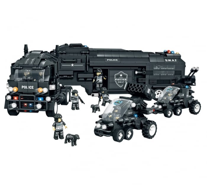 Jucarie educationala de constructie WOMA, politie, echipa SWAT, camion tip lego, 1413 piese + un cadou [2]