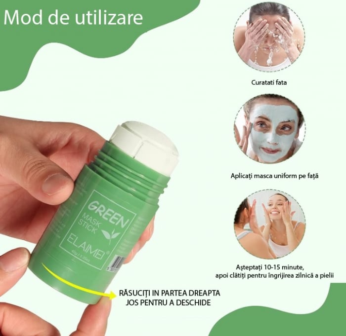Masca stick Elaimei cu extract de ceai verde si argila alba, impotriva acneei si a punctelor negre, pentru curatare in profunzime si hidratare, 40g [5]
