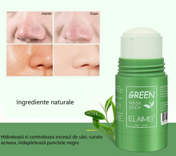 Masca stick Elaimei cu extract de ceai verde si argila alba, impotriva acneei si a punctelor negre, pentru curatare in profunzime si hidratare, 40g [3]