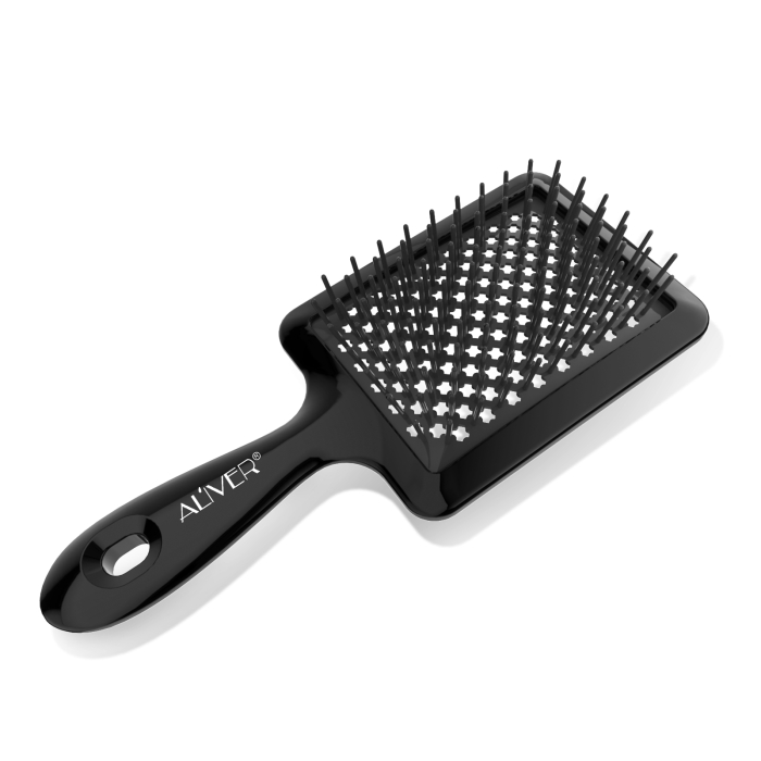 Perie ALIVER cu peri moi si flexibili pentru utilizare pe par umed si uscat, ventilata pentru descurcarea parului cret, ud sau des, amelioreaza presiunea de la nivelul scalpului, stimuleaza circulatia [6]