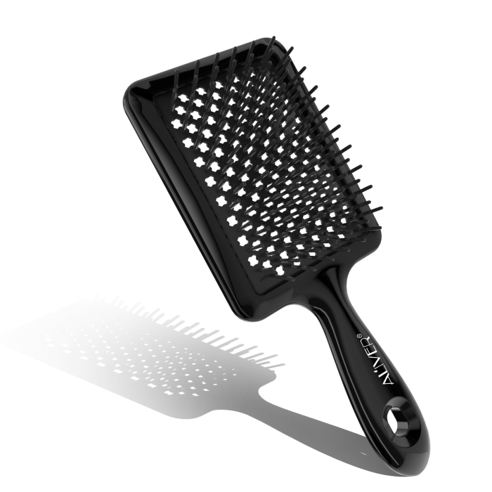 Perie ALIVER cu peri moi si flexibili pentru utilizare pe par umed si uscat, ventilata pentru descurcarea parului cret, ud sau des, amelioreaza presiunea de la nivelul scalpului, stimuleaza circulatia [5]