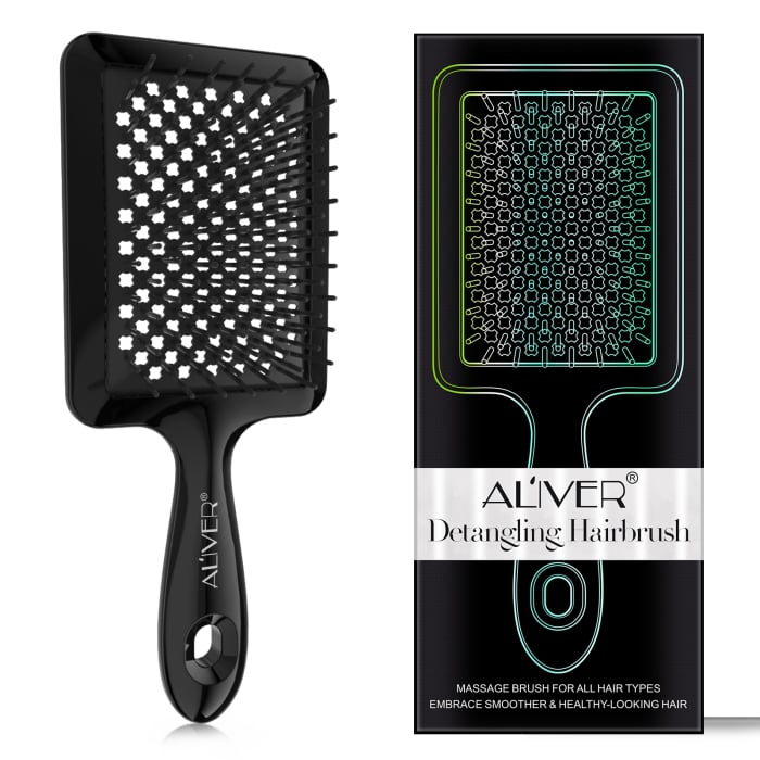 Perie ALIVER cu peri moi si flexibili pentru utilizare pe par umed si uscat, ventilata pentru descurcarea parului cret, ud sau des, amelioreaza presiunea de la nivelul scalpului, stimuleaza circulatia [4]