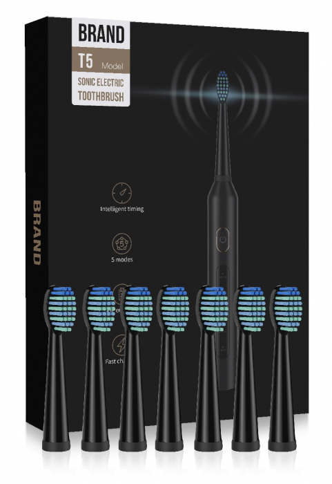 Periuta dinti electrica sonica T5, pentru adulti, copii, 40.000 pulsatii/min, 5 programe, functie de memorare, aparat cu smart timer, 700mAh, USB-C, IPX7, 8 capete soft, material ABS, TPE, negru [6]