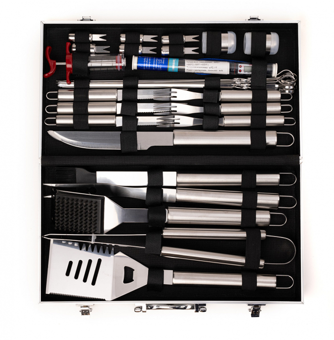 Set 30 accesorii gratar din otel inoxidabil Meige, calitate superioara, geanta transport din aluminiu, manusa, sort impermeabil, termometru 47x45.5x30cm [5]