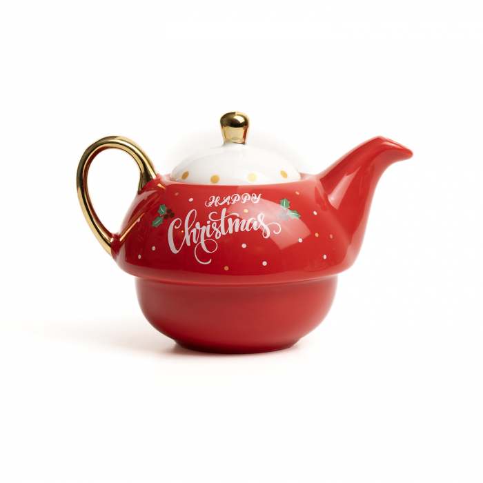 Set ceai, ceramic pentru Craciun, alcatuit din cana, farfurie, ceainic si cutie cadou, rosu + cadou un ulei esential Magia Craciunului [16]