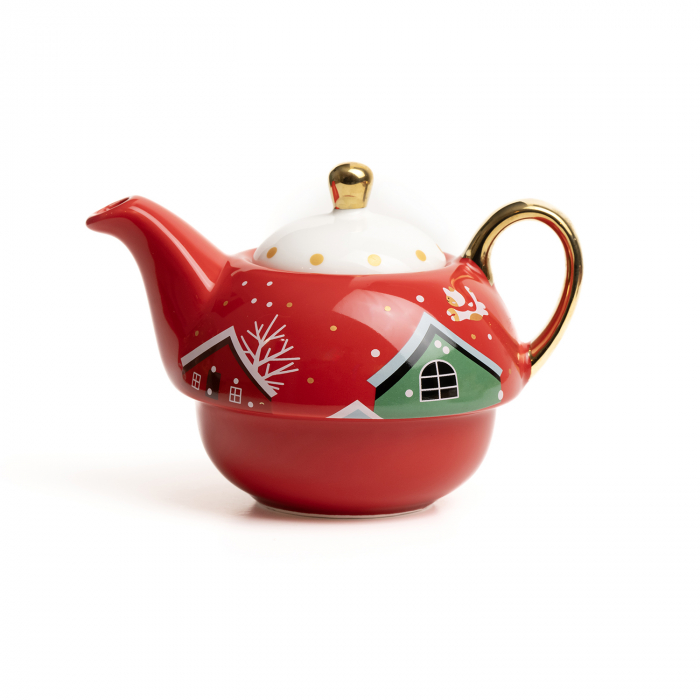 Set ceai, ceramic pentru Craciun, alcatuit din cana, farfurie, ceainic si cutie cadou, rosu + cadou un ulei esential Magia Craciunului [15]