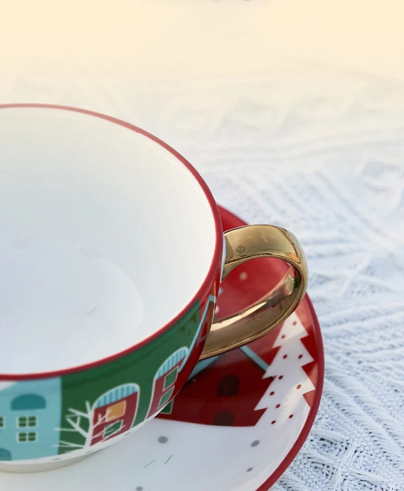 Set ceai, ceramic pentru Craciun, alcatuit din cana, farfurie, ceainic si cutie cadou, rosu + cadou un ulei esential Magia Craciunului [4]