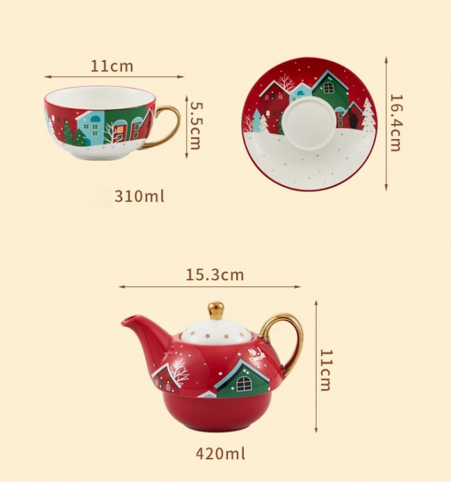 Set ceai, ceramic pentru Craciun, alcatuit din cana, farfurie, ceainic si cutie cadou, rosu + cadou un ulei esential Magia Craciunului [5]