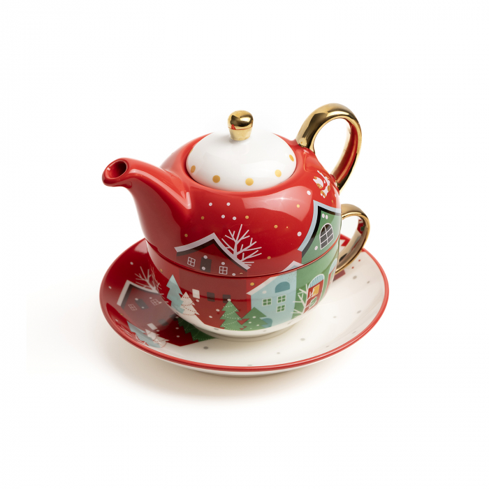 Set ceai, ceramic pentru Craciun, alcatuit din cana, farfurie, ceainic si cutie cadou, rosu + cadou un ulei esential Magia Craciunului [8]