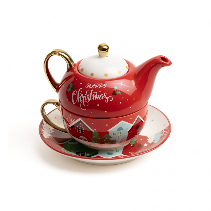 Set ceai, ceramic pentru Craciun, alcatuit din cana, farfurie, ceainic si cutie cadou, rosu + cadou un ulei esential Magia Craciunului [13]