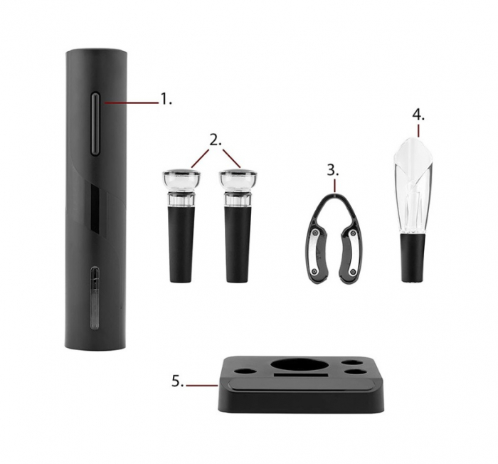 Set deschizator sticla cu tirbuson electric, dop vacuum, palnie, cutter folie, suport, negru [4]
