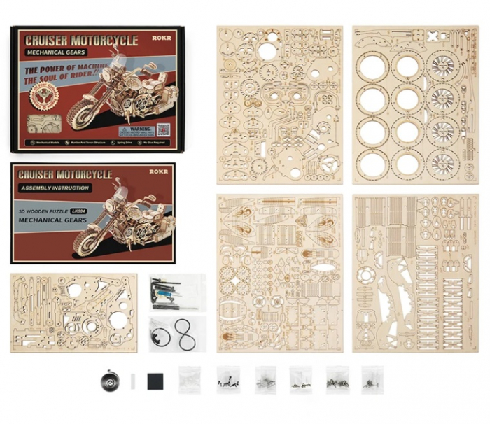 Set puzzle 3D din lemn, Robotime LK504 Cruiser Motorcycle, 420 piese [10]