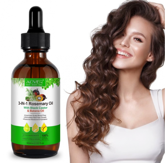Ulei esențial natural premium, Aliver 3 în 1, cu rozmarin, ulei de ricin negru și ulei Batana pentru prevenirea căderii și regenerarea părului, revitalizant si hranitor, 60ml [4]