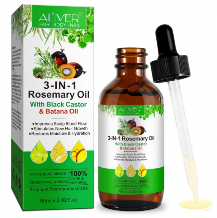 Ulei esențial natural premium, Aliver 3 în 1, cu rozmarin, ulei de ricin negru și ulei Batana pentru prevenirea căderii și regenerarea părului, revitalizant si hranitor, 60ml [2]