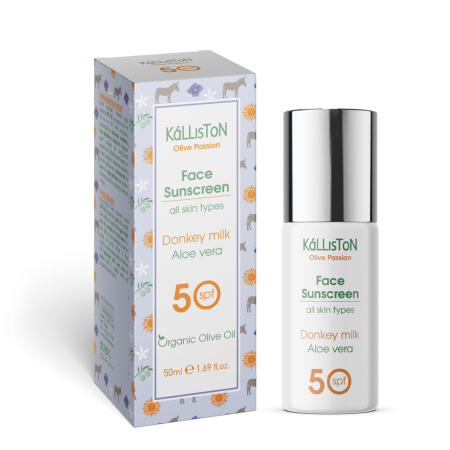 Ingrijire personala - Cremă de protecție solară facială KaLLiSToN Olive Passion, SPF 50, cu lapte de măgăriță, aloe vera și ulei de măsline organic, pentru toate tipurile de ten, 50 ml