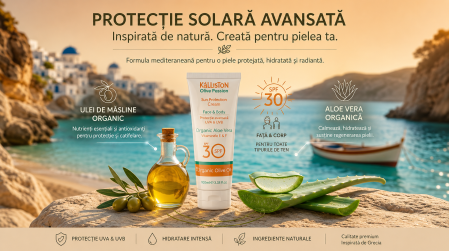 Cremă de protecție solară pentru față și corp KaLLiSToN Olive Passion, SPF 30, cu Aloe Vera și Ulei de Măsline Organic, vitaminele E și F, hidratantă 100 ml [1]