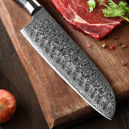 Cutit de bucatarie profesional din otel de Damasc, Xinzuo, lungimea lamei 178 mm, 67 straturi, pentru carne, legume, fructe, feliere, gatit zilnic, rezistent la coroziune si rugina, negru [12]
