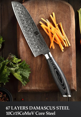 Cutit de bucatarie profesional din otel de Damasc, Xinzuo, lungimea lamei 178 mm, 67 straturi, pentru carne, legume, fructe, feliere, gatit zilnic, rezistent la coroziune si rugina, negru [15]