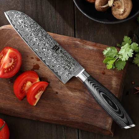 Cutit de bucatarie profesional din otel de Damasc, Xinzuo, lungimea lamei 178 mm, 67 straturi, pentru carne, legume, fructe, feliere, gatit zilnic, rezistent la coroziune si rugina, negru [11]