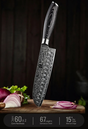 Cutit de bucatarie profesional din otel de Damasc, Xinzuo, lungimea lamei 178 mm, 67 straturi, pentru carne, legume, fructe, feliere, gatit zilnic, rezistent la coroziune si rugina, negru [14]
