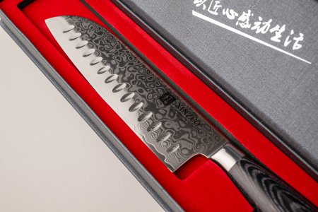 Cutit de bucatarie profesional din otel de Damasc, Xinzuo, lungimea lamei 178 mm, 67 straturi, pentru carne, legume, fructe, feliere, gatit zilnic, rezistent la coroziune si rugina, negru [4]