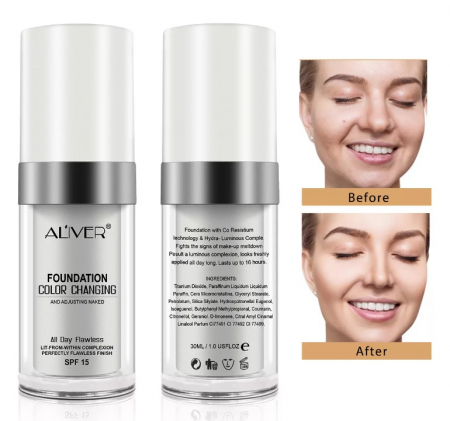 Fond de ten lichid Aliver, hidratant, rezistent la apa, care isi schimba culoare in functie de ten, 30ml [2]