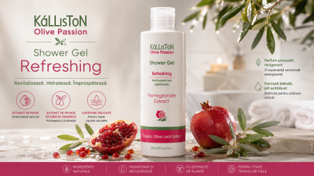 Gel de duș revigorant KaLLiSToN Olive Passion Refreshing, cu extract de rodie și frunze de măslin organic, energizant și antioxidant, 250 ml [2]