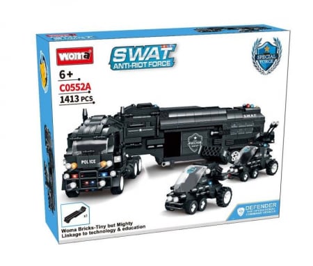 Produse - Jucarie educationala de constructie WOMA, politie, echipa SWAT, camion tip lego, 1413 piese + un cadou