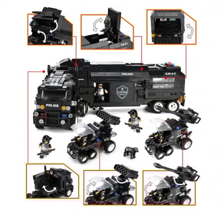 Jucarie educationala de constructie WOMA, politie, echipa SWAT, camion tip lego, 1413 piese + un cadou [2]
