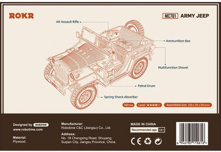 Kit de asamblare Jeep din lemn, Robotime ROKR Army Field Car, 369 piese [6]