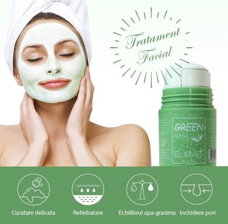 Masca stick Elaimei cu extract de ceai verde si argila alba, impotriva acneei si a punctelor negre, pentru curatare in profunzime si hidratare, 40g [5]
