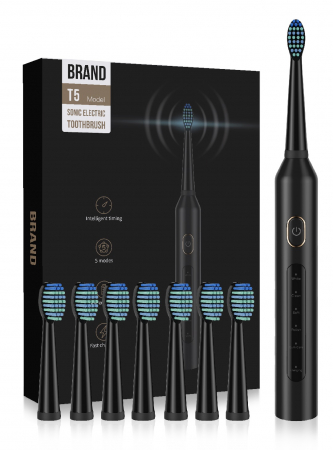 Periuta dinti electrica sonica T5, pentru adulti, copii, 40.000 pulsatii/min, 5 programe, functie de memorare, aparat cu smart timer, 700mAh, USB-C, IPX7, 8 capete soft, material ABS, TPE, negru [1]