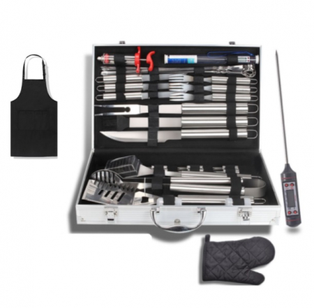 Set 30 accesorii gratar din otel inoxidabil Meige, calitate superioara, geanta transport din aluminiu, manusa, sort impermeabil, termometru 47x45.5x30cm [0]