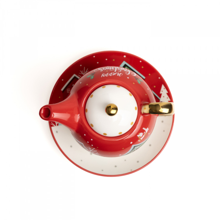 Set ceai, ceramic pentru Craciun, alcatuit din cana, farfurie, ceainic si cutie cadou, rosu + cadou un ulei esential Magia Craciunului [6]