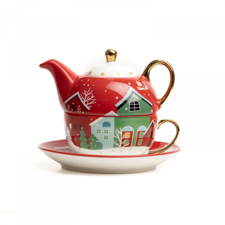 Set ceai, ceramic pentru Craciun, alcatuit din cana, farfurie, ceainic si cutie cadou, rosu + cadou un ulei esential Magia Craciunului [9]