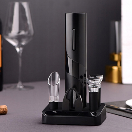 Set deschizator sticla cu tirbuson electric, dop vacuum, palnie, cutter folie, suport, negru [5]
