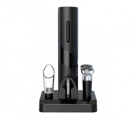 Set deschizator sticla cu tirbuson electric, dop vacuum, palnie, cutter folie, suport, negru [0]