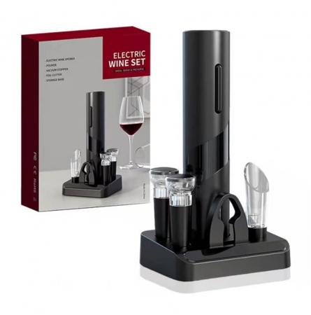 Set deschizator sticla cu tirbuson electric, dop vacuum, palnie, cutter folie, suport, negru [1]