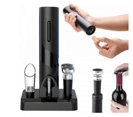 Set deschizator sticla cu tirbuson electric, dop vacuum, palnie, cutter folie, suport, negru [2]