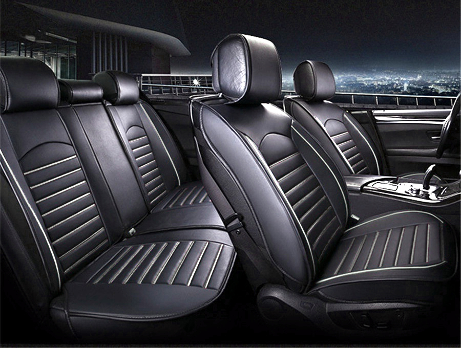 Accesorii pentru interior - Set huse Scaune Auto Universale, Editie Lux, Piele ecologica, Negru/Alb, 9buc