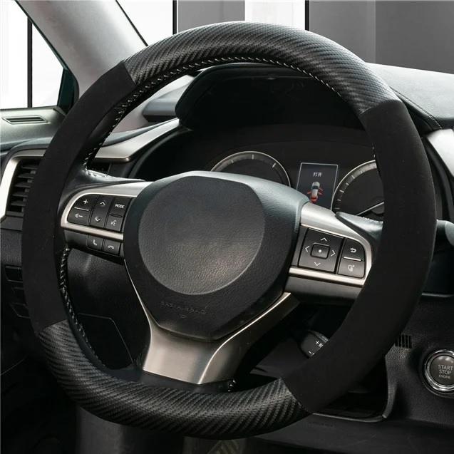 Import - Husă pentru volan, forma D-SHAPE, piele ecologică și velur, universală, neagră cu aspect de carbon, 37-38 cm