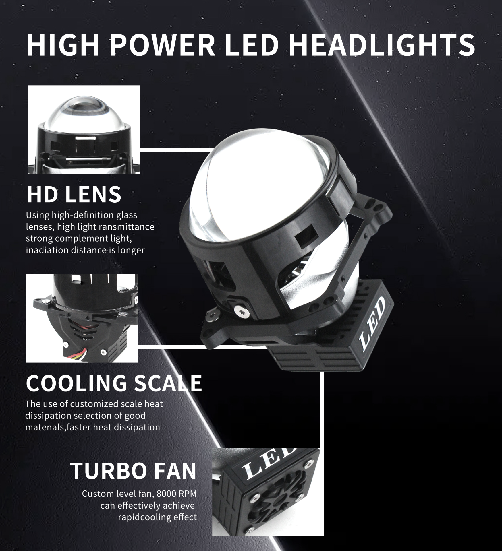 Kit 2 Lupe Bi-Led 3″ Faza scurta/Faza lunga, G2 P Seria, 120W, 6000K, 8000lm, 12V +500 % Luminozitate [1]