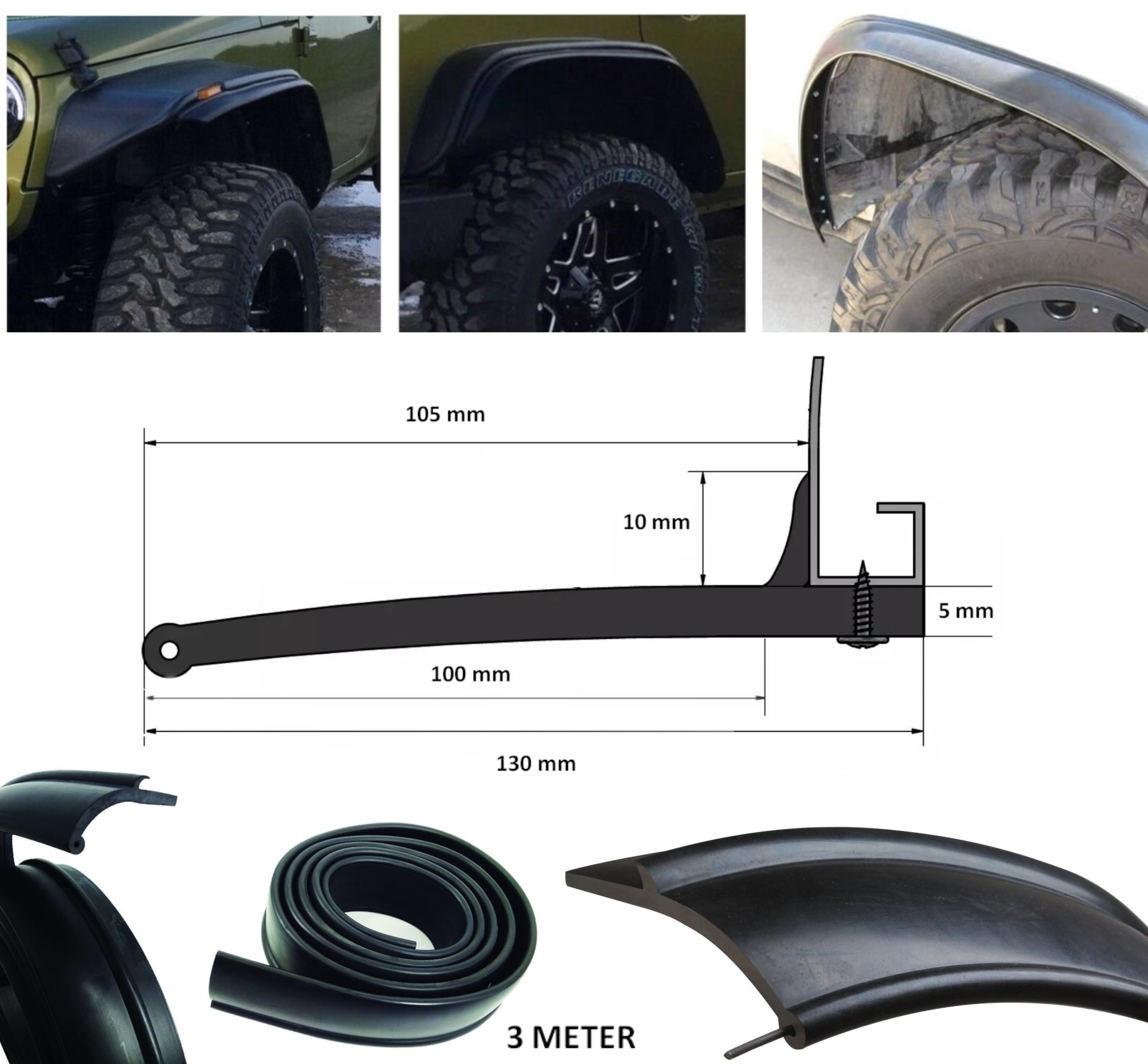 Tunning Auto - Bandă universală din cauciuc pentru protecția aripii mașinii, SUV, microbuz, 10cm x 3m, negru