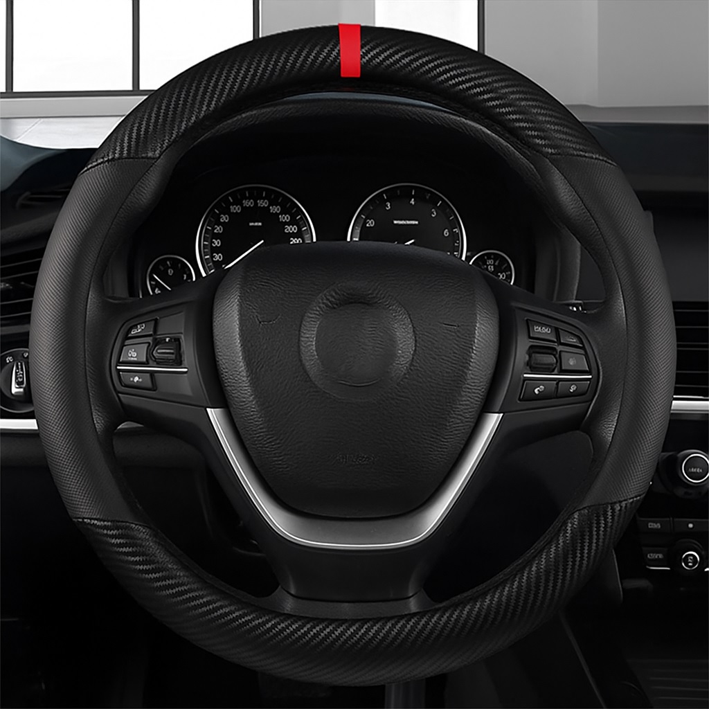 Accesorii pentru interior - Husa universala din piele pentru volan cu design carbon - Negru cu banda rosie 37-38 cm