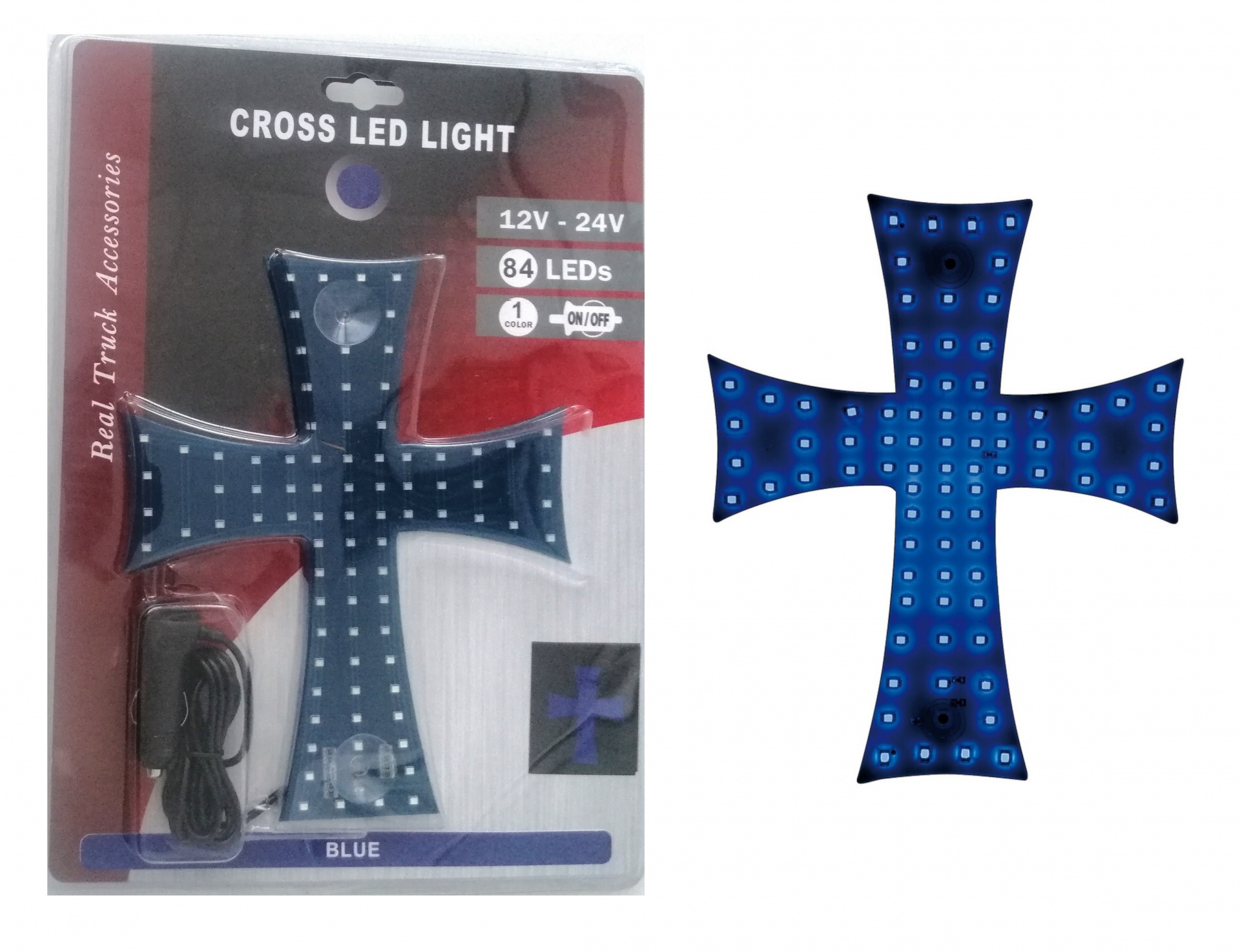 Noutati Real Auto - Cruce luminoasa albastra autoturism si camion, 84 LED-uri, 12-24V prindere cu ventuze, 23 x 25 cm