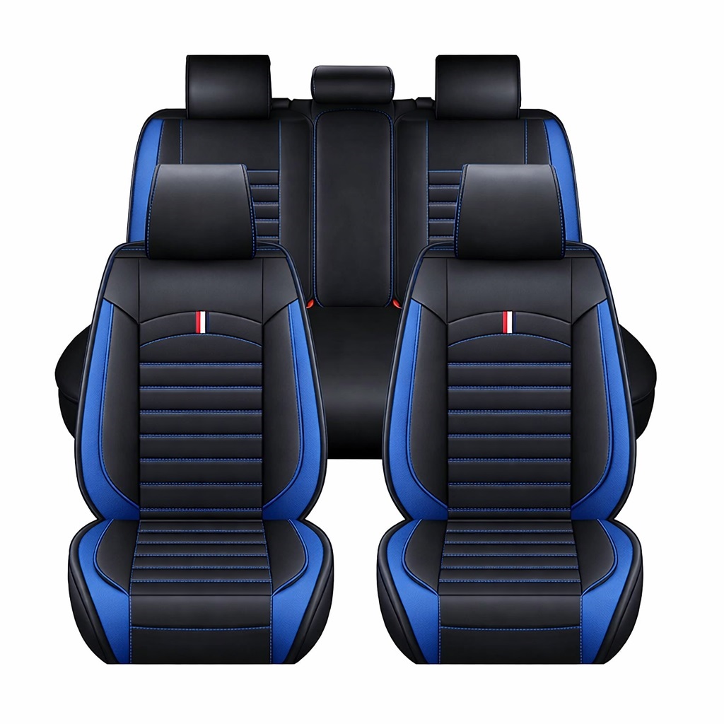 Accesorii pentru interior - Set Huse Auto universale luxoase din piele ecologica, negru cu cusatura albastra pentru scaune fata si spate