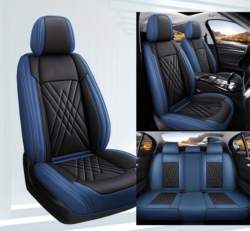 Noutati Flexzon - Set Huse Auto universale luxoase din piele ecologica, albastru si negru pentru scaune fata si spate