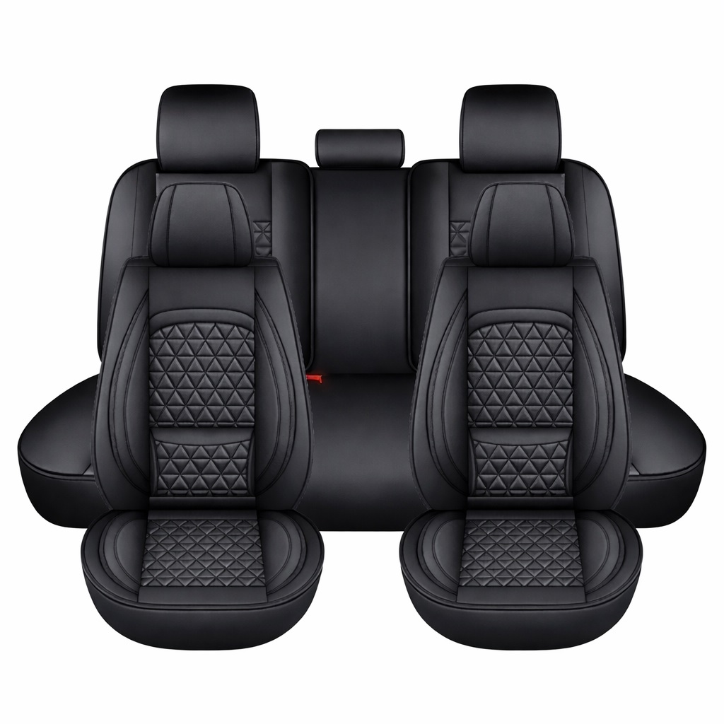 Universale - Set Huse Auto universale luxoase din piele ecologica, negru cu suport lombar integrat pentru scaune fata si spate