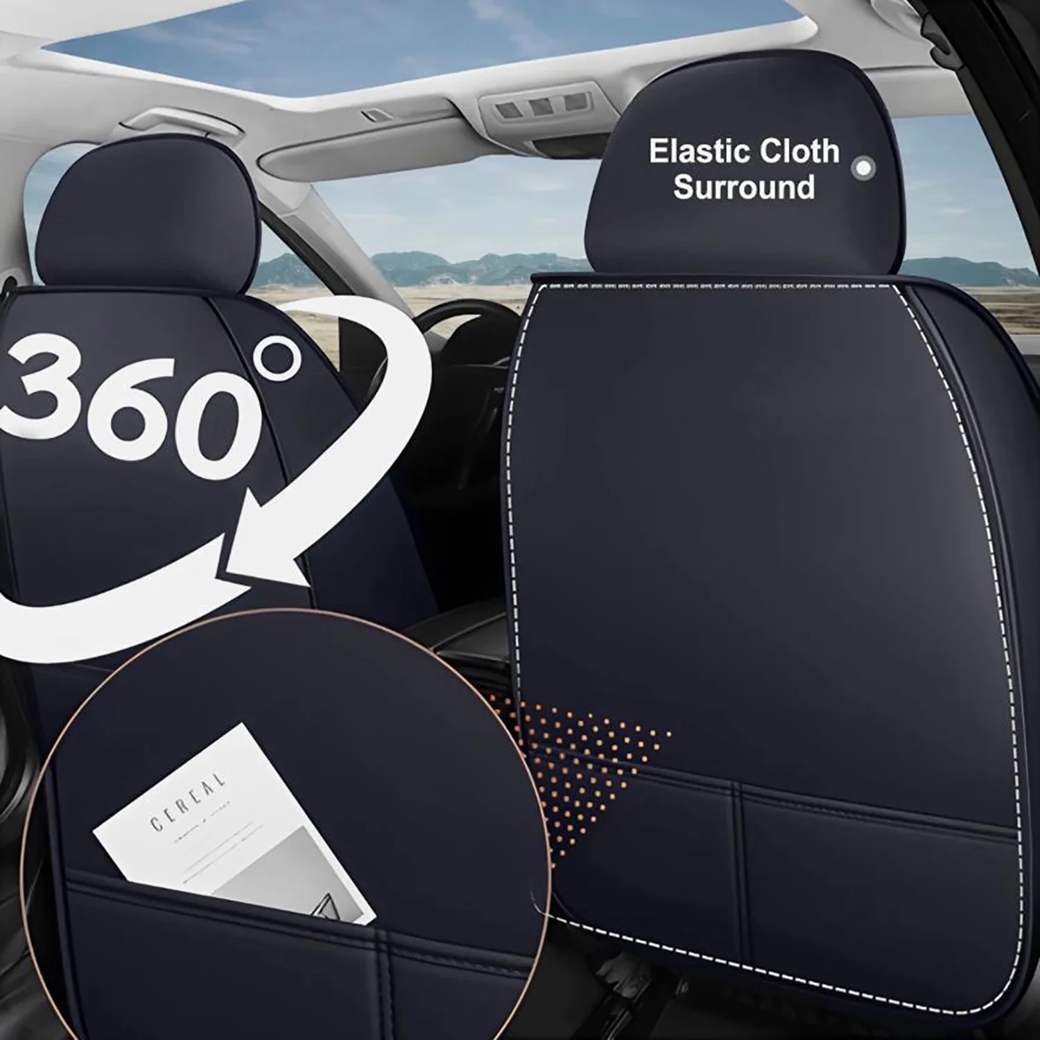Set Huse Auto universale luxoase din piele ecologica, negru cu suport lombar integrat pentru scaune fata si spate [5]